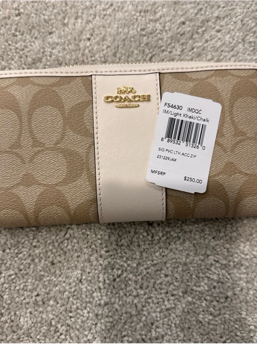 Coach Tan Signature Canvas Zip Wallet with Cream Leather Accent